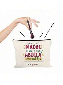 1 pieza Bolsa de cosméticos con estampado "Mejor abuela del mundo", bolsa de almacenamiento esencial para viajes, bolsa de maquillaje, regalo para la abuela - Beis - Ver 8