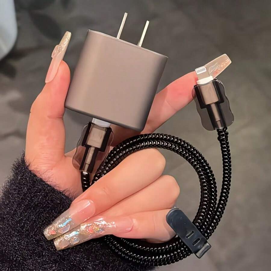 5pcs Matte Gray Charging Adapter Protector Case, Data Cable Protector, Winding Organizer Compatible With Iphone 14/15 Pro Max, 13/12/11 18/20W Charger, Boyfriend/Girlfriend Gift - Multicolor - View 1