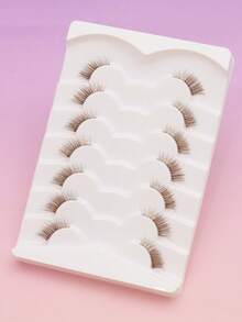 7 Pairs Brown Natural Faux Mink Eyelashes, Cat Eye Style, Transparent Base, Half-Eye Design, Fluffy & Soft, Thick 3D, Extra Long, Multi-Layer, Short & Dense, Full Strip, Long-Lasting Curl, Popular Makeup Tool, Includes 1 Pink Eyelash Tweezer, 1 Pink Eyelash Brush - Natural Lashes - View 5