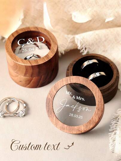 Personalized Wooden Ring Box, Customized Round Engagement Ring Box, Double Ring Storage Box, Customized Wedding Accessories, Wedding Ring Box, Valentine's Day Gift, Gift For Girlfriend, Newlywed Couple Gift, Wedding Gift, Exquisite And Romantic