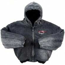 Y2K Men's Vintage Distressed Wash Zip Up Hooded Oversized Jacket For Autumn Winter - 黑色 - 查看 5
