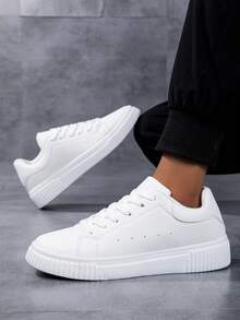 Men's White Casual Lace-Up Low-Top Skateboard Shoes, Minimalist Fashion Sneakers For Daily, Home, School - White - View 1