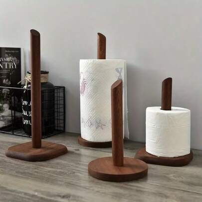 1pc Walnut Wood Freestanding Paper Towel Holder - Vertical Paper Towel Roll Dispenser, Countertop Tissue Paper Organizer For Kitchen And Bathroom, Home Decor Storage Box And Rack, Floating Bathroom Tabletop Organizer, Holds Multiple Rolls