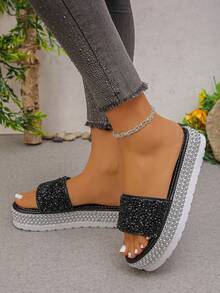 2026 New Rhinestone Embellished Thick Sole Wedge Slippers, Shiny Solid Color Unisex Crystal Sandals For Outdoor Wear, Spring/Summer - Black Full Diamond - View 5