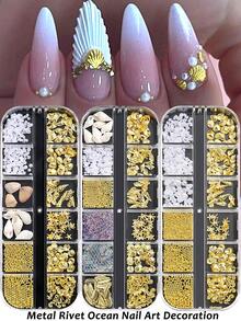1盒金属美甲饰品，12格夏季海洋风星形贝壳铆钉混合珍珠吊坠，3D美甲设计，Y2K可爱迷人美甲沙龙DIY用品 - 彩色 - 查看 2