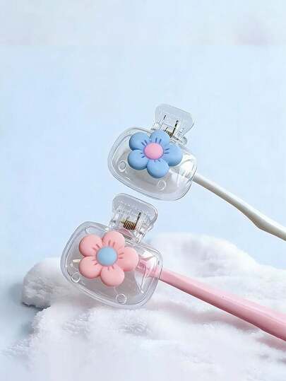 2个彩色花卉图案牙刷架，迷你树脂花朵造型牙刷夹，便携式牙刷架，适用于家庭、宿舍、浴室、旅行，浴室牙刷架，度假必备，牙刷套，家居用品，方便携带