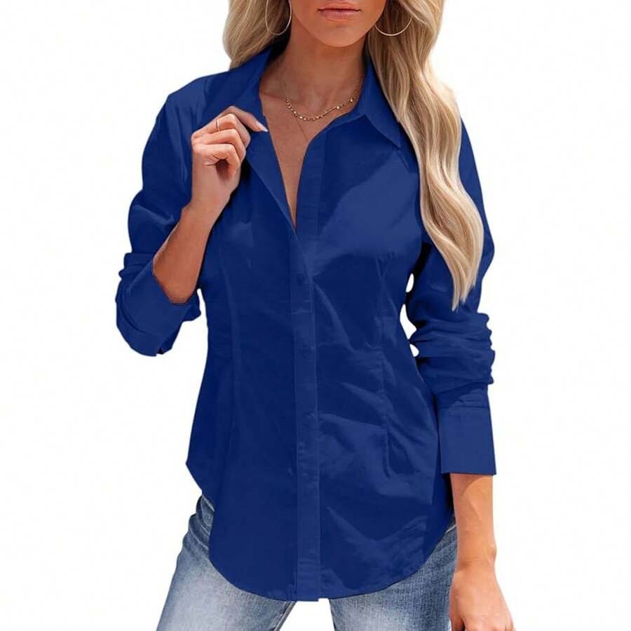 Women's Button-Up Shirt, Long-Sleeved, Solid Color, Versatile, Office-Style, Elegant Blouse - 深藍色 - 查看 1