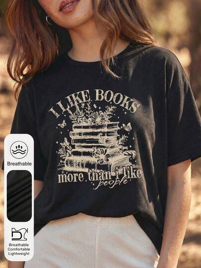 大码女式日常“我爱书胜过人”图案圆领短袖休闲夏季女式上衣，波西米亚风花卉图案时尚百搭女式黑色T恤