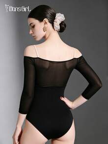 DonsGirl 女士性感露肩七分袖连体衣，撞色网纱拼接，甜美迷人，瑜伽运动连体裤，演出服，黑色春季款 - 黑色 - 查看 12