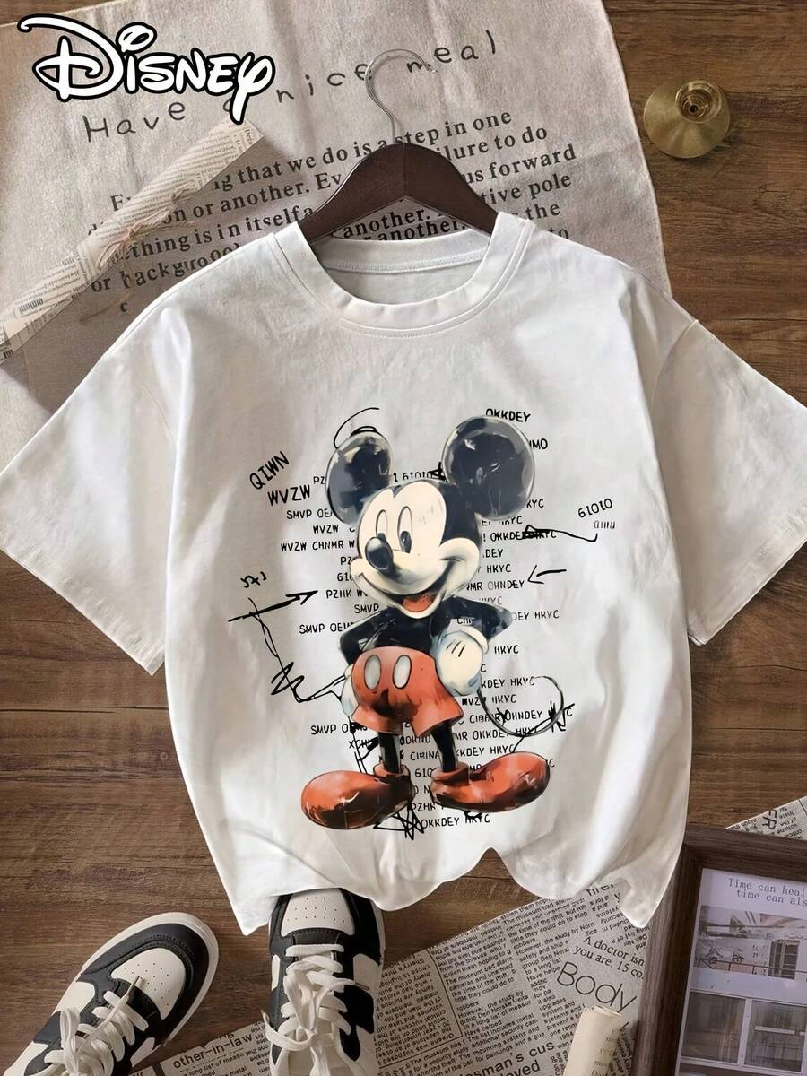 Women's Disney Mickey Mouse & Mickey Ears Letter Print T-Shirt - Mickey Short Sleeve Round Neck Casual Summer Tee Suitable For Spring Summer Fall Casual Attire Gift - 白色 - 查看 1