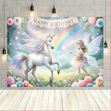 1pc Unicorn & Fairy Theme Birthday Party Banner, Made Of Polyester Fabric, Suitable For Birthday Party, Photography Backdrop, Indoor/Outdoor Decoration, Home Decor And Cake Table Background. High-Quality Printing - Suitable For All Seasons, Can Be Used To Create A Festive Atmosphere And Birthday Party Decoration, Ideal Gift For Party Planners, No Power Required, Can Be Used Indoors And Outdoors, Event Decoration - View 2