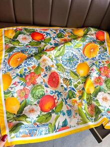 1pc Women's Elegant Vintage Fashion Lemon Tree Printed Thin Style Satin Square Faux Silk Scarf,Boho Vintage Casual Women's Neck Scarf,Shawl,Light And Thin Comfortable Women's Bandana,For Daily Wear And Outing In Spring And Summer - 黃色 - 查看 2