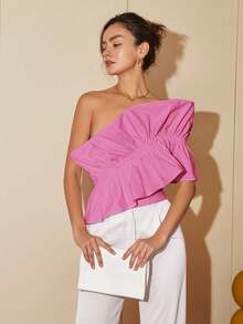 Áo kiểu lệch vai bèo nhún thời trang mùa hè, áo croptop hở lưng, trang phục công sở thường ngày đi nghỉ mát cho nữ màu hồng. - Hồng - Xem 4