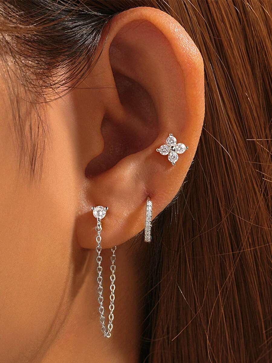 3件套925纯银精致四叶草流苏锆石耳钉，低过敏性，适合女性日常佩戴、约会、度假、婚礼、派对、节日等场合。