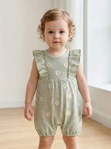 Infant Baby Girls Rompers Daisy Embroidery Stripe Crew Neck Ruffles Fly Sleeve Waffle Infant Bodysuits Jumpsuits - 綠色 - 查看 5