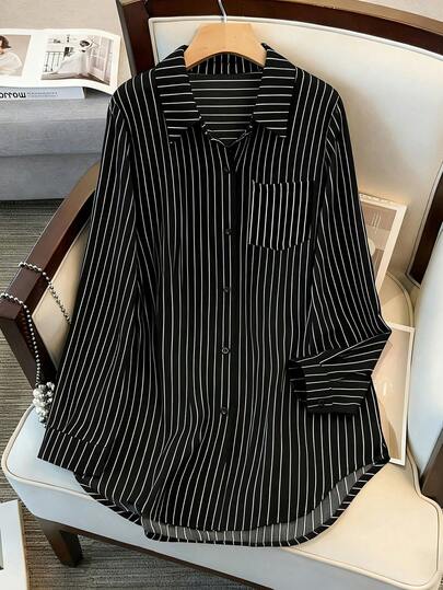 Plus Size Long Sleeve Woven Fabric Shirt, Shirt Collar, Buttons, High-Low Hem And Pockets, Regular Length, Fine Striped Design Spring