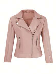 Áo khoác da giả ngắn kiểu dáng đường phố dành cho nữ của Giolshon - Khóa kéo bất đối xứng, cổ đứng, thời trang cho thời tiết lạnh, màu hồng. - Hồng - Xem 4