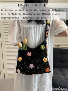 Fashionable And Best-Selling Bohemian Style Colorful Crossbody Bag, Made With Hollow Weaving Technique, Grandma's Plaid Crochet Pattern, Vintage Handmade Feel And Summer Vibe. Large Capacity, Suitable For Commuting, Beach Vacation Or Music Festival., Boho - 黑色 - 查看 2