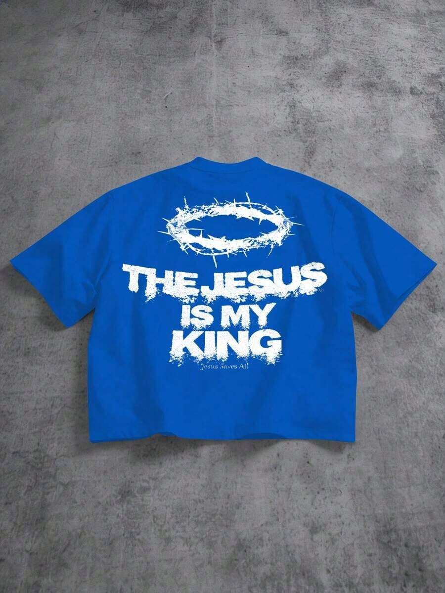 2026Manfinity  Boxy Cropped Loose Distressed Thorn Wreath "JESUS IS MY KING" Graphic White Short Sleeve T-Shirt (High Quality)Loose And Comfortable,Casual And Easy-Goin,High-Quality Wax Printed Cotton Retro FashionBrand T-Shirt, Men's T-Shirt, Beach Must-Have, Men's Summer T-Shirt, Holiday Gift, - 寶藍色 - 查看 1