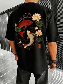 Men's FRACTYR Minimalist Fashionable Summer Carp Print Crew Neck Short Sleeve T-Shirt | Casual Streetwear Matching T-Shirt, Gift For Boyfriend/Husband - 黑色 - 查看 2