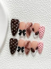 10pcs Retro Style Nail Art Set, Acrylic Nail Stickers, 3D Black Bow Nail Decor, Handmade Chocolate Bead Decor, Hand-Painted White & Brown Polka Dot, Brown & Pink Gradient Nail Polish, Summer Nail Art Kit, Includes Nail Tools (1 Jelly Sticker + 1 Nail File), 3 Sizes Available: Almond, Duck Mouth, Coffin Nail Shapes, Suitable For Daily, Party, Photography, Office Occasions Press On Nails - 彩色 - 查看 14
