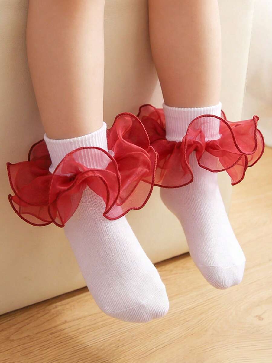 1 Pair Children/Toddler Solid Color Ruffle Trim Mid-Calf Socks, Versatile For School Uniform