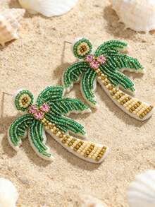 1 par de pendientes con forma de árbol de coco verde fresco estilo playa para vacaciones de verano, pendientes bohemios hechos a mano con cuentas de semilla creativos y novedosos, adecuados para el uso diario y de vacaciones de las mujeres (el color, la cantidad y la posición de las cuentas de semilla hechas a mano son aleatorios) - Verde - Ver 4