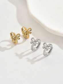 1 Pair Delicate Petite Bow Hoop Earrings, Minimalist Versatile Sweet Stainless Steel Earrings Suitable For Daily Commute Wear - Earrings - View 3