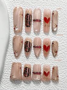 10Pcs Korean Style Handmade Press On Nail,Polygel Nail Set,Red Heart,Red Round Diamonds,Silver Cat's Eye, Pink Nail Polish,Personality Style,Includes Nail Tools,3 Sizes Available,Almond,Duck,Coffin Nails For Party,Dance,Daily Wear. - 彩色 - 查看 1