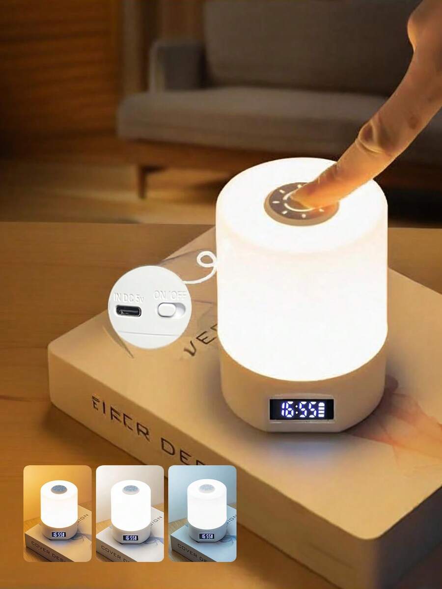 1个三合一圆形时钟夜灯,多色可选,亮度可调,带电量指示灯、触摸开关,Type-C 5V充电接口,适用于卧室、床头、酒店、客厅等场所,可用作迷你台灯。 - 3 White Light - 查看 1