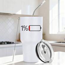 30oz Stainless Steel Tumbler Black White Options,  Black Tumbler With Battery Icon And Straw Graphic Cups, Insulated Travel Coffee Mug With Lid And Straw , Double Wall Vacuum Reusable Travel Cups, Funny Birthday Party Gift For Women & Men - trắng - Xem 1