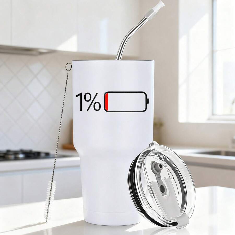 30oz Stainless Steel Tumbler Black White Options, Black Tumbler With Battery Icon And Straw Graphic Cups, Insulated Travel Coffee Mug With Lid And Straw , Double Wall Vacuum Reusable Travel Cups, Funny Birthday Party Gift For Women & Men - trắng - Xem 1
