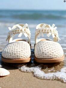 Breezelady Girls' 2026 Summer New Style Wrapped Toe Woven Princess Sandals, Pearl Bow Soft-Soled Beach Shoes - Beige - View 5