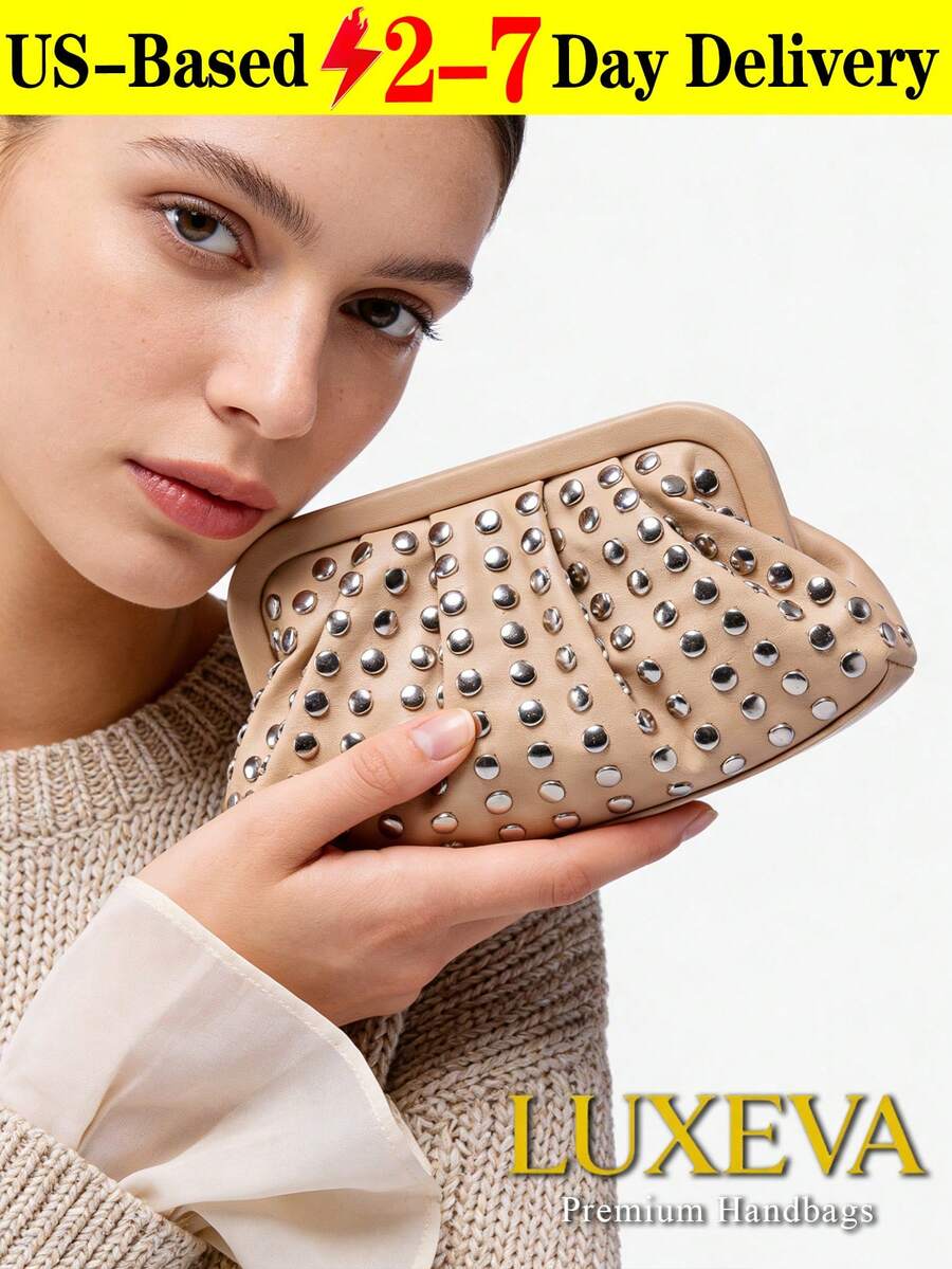 New Fashionable Versatile Minimalist Rivet Clutch Bag, Niche Design, High-End Retro Punk Style, Popular Design, Commute & Shopping Women's Black Handbag, Halloween Wallet, Perfect For Various Parties, Halloween Fashion And Goth Fashion - 杏色 - 查看 1