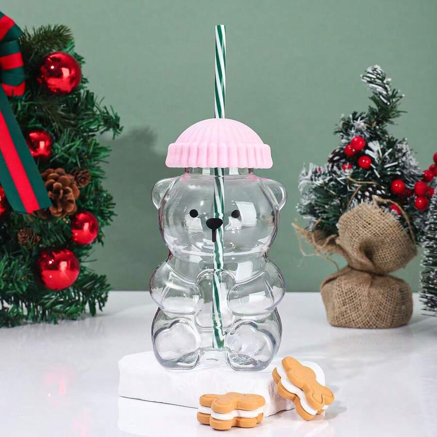 1pc Cute Bear Design Mug, Cartoon Style Glass Couple Mug, Birthday Gift Mug, Adorable Bear Element Mug, Glass Material Couple Drinking Cup, Adding Warmth And Fun - Multicolor - View 1