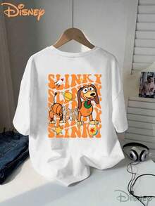 Disney Spring Dog Series Printed Ladies' T-Shirts, Toy Story Slinky Orange Stitching Printing, Genuine, Micro-Elastic, Can Be Used As Gifts For Family And Friends, Suitable For Spring And Summer. - trắng - Xem 2