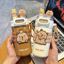 Cute Capybara Insulated Kids Water Bottle, 17oz 316 Stainless Steel Leak Proof 2-In-1 Dual Lid Straw Cup With Portable Handle, Cartoon Tumbler For Toddlers Boys Girls School Travel Outdoor Use - 彩色 - 查看 6