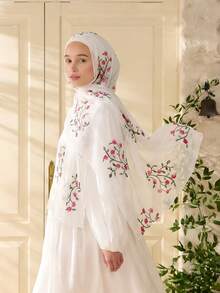 1件装女士梅花印花头巾，雪纺花卉印花围巾披肩，浪漫丝滑质感头巾，女士披肩围巾，节日必备礼物 - 彩色 - 查看 4