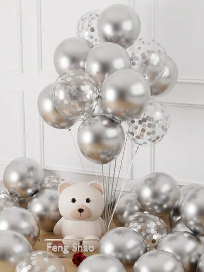 Metallic Silver Confetti Balloons, 17/33/65/98Pcs - 12inch Silver Shiny Helium Latex Balloons Confetti Balloons For Birthday Anniversary Wedding Bachelorette Baptism Gender Reveal Graduation New Year Party Decorations