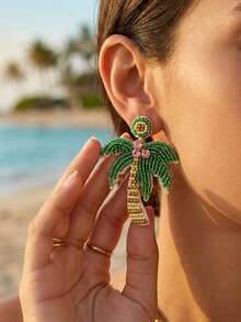 1 par de pendientes con forma de árbol de coco verde fresco estilo playa para vacaciones de verano, pendientes bohemios hechos a mano con cuentas de semilla creativos y novedosos, adecuados para el uso diario y de vacaciones de las mujeres (el color, la cantidad y la posición de las cuentas de semilla hechas a mano son aleatorios) - Verde - Ver 2