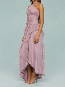 WT-2026 Hot Selling Women Ruffle Hem Pleated Sheer Mesh Long Maxi Dress Sleeveless Halter Neck Irregular Tiered Flowy Long Maxi Dresses For Wedding Guest Summer Holiday Beachwear ElegantMaxiDress. - 藕粉色 - 查看 5
