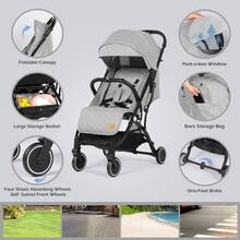 Lightweight Compact Travel Stroller, Baby Pushchair With Adjustable Seat, Rain Cover, Mosquito Net, One-Hand Fold, 5-Point Harness, Light Grey - Light Grey - View 5