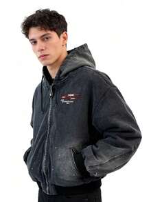 Y2K Men's Vintage Distressed Wash Zip Up Hooded Oversized Jacket For Autumn Winter - 黑色 - 查看 3