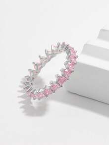 Jessie Jewelry 1件浪漫閃亮925純銀立方鋯石滿心形設計戒指，婚禮情人節禮物 - 粉色 - 查看 2