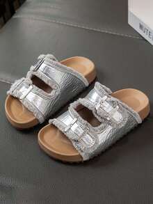 1 Pair Girls' Soft Sole Non-Slip Hook And Loop Strap Sandals, Fashionable Flat Open Toe Comfortable Versatile Outdoor Slippers, Suitable For Summer - Silver - View 2