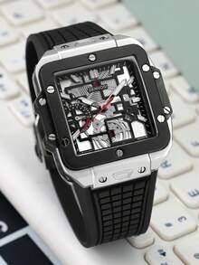 DENVOSI Square Hollow Mechanical Style Watch, Silicone Strap Men's Wristwatch - one-size - View 3