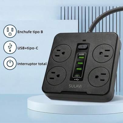 Extensor de salida de enchufe múltiple de 8 en 1 con USB, separador de salida de pared eléctrico con 4 puertos USB (1 USB C) y 4 salidas, tiras de alimentación de adaptador de cargador de pared para oficina, mesita de noche, viaje