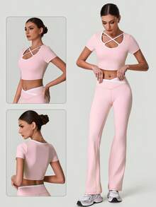 Women's Summer Color Block Low-Neck Crossover Straps Short-Sleeve Crop Top T-Shirt With Chest Pads For Yoga Pilates Fitness Running Sports - Pink - View 3