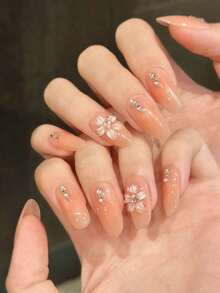 10pcs Middle Oval Fake Nails With Grapefruit Pink Gradient Translucent Base, 3D Clear Flower (Pearl Accent) & Single Rhinestone Design Fresh Vitality Style 100% Handmade Press On Acrylic Nails Reusable Nail Supplies Including 1pc Jelly Glue,1pc Stick And 1pc Nail File For Women's Daily Or Party Wear - Multicolor - View 2