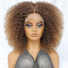 Peruca sintética afro cacheada curta ombré castanha com renda frontal de 14 polegadas, repartição em T, mechas baby hair e efeito volumoso para mulheres. - Multicolorido - Ver 27